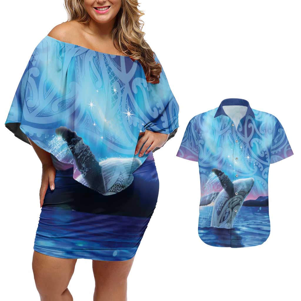 New Zealand Matariki Humpback Whale Couples Matching Off Shoulder Short Dress and Hawaiian Shirt Paikea Maori New Year Blue Galaxy