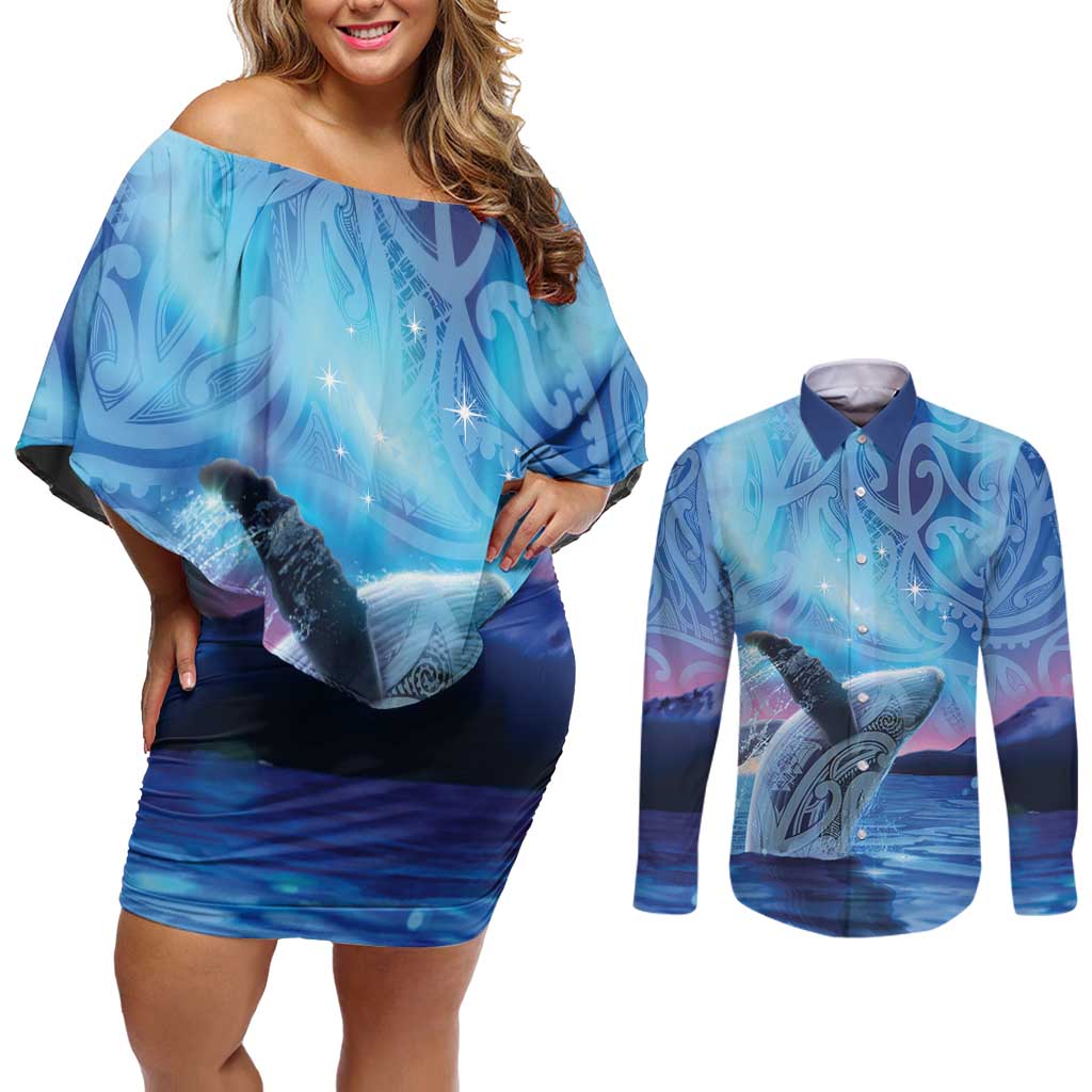 New Zealand Matariki Humpback Whale Couples Matching Off Shoulder Short Dress and Long Sleeve Button Shirt Paikea Maori New Year Blue Galaxy