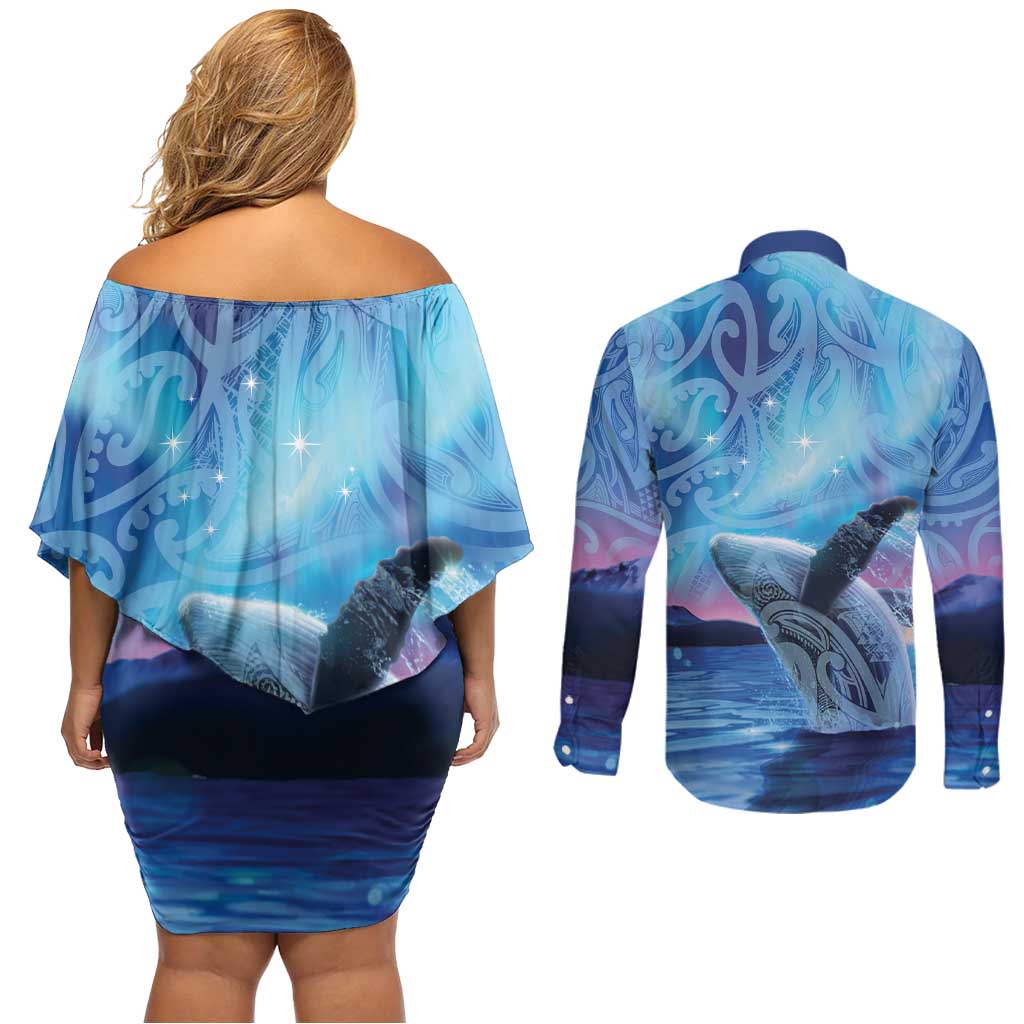 New Zealand Matariki Humpback Whale Couples Matching Off Shoulder Short Dress and Long Sleeve Button Shirt Paikea Maori New Year Blue Galaxy