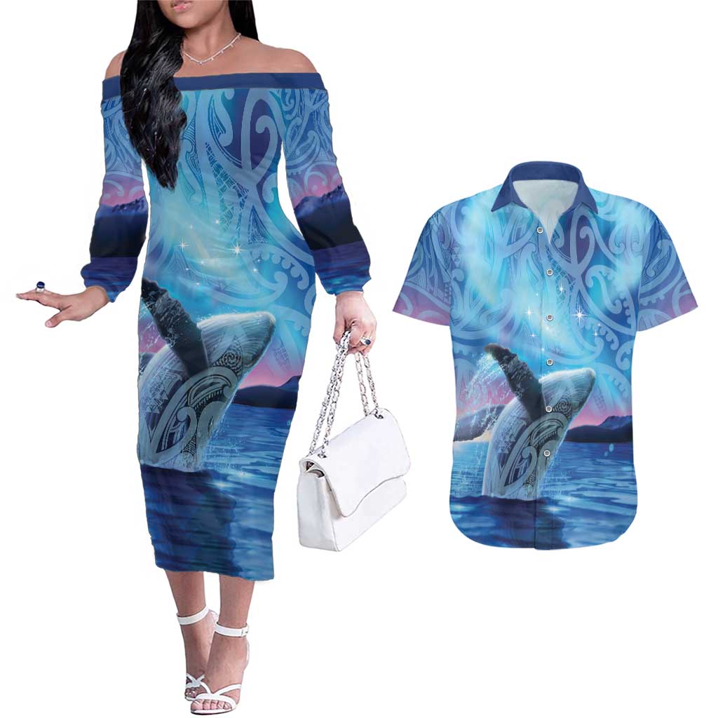 New Zealand Matariki Humpback Whale Couples Matching Off The Shoulder Long Sleeve Dress and Hawaiian Shirt Paikea Maori New Year Blue Galaxy LT14 Blue - Polynesian Pride
