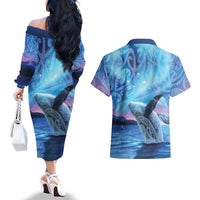 New Zealand Matariki Humpback Whale Couples Matching Off The Shoulder Long Sleeve Dress and Hawaiian Shirt Paikea Maori New Year Blue Galaxy LT14 - Polynesian Pride