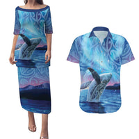 New Zealand Matariki Humpback Whale Couples Matching Puletasi and Hawaiian Shirt Paikea Maori New Year Blue Galaxy