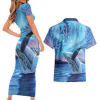 New Zealand Matariki Humpback Whale Couples Matching Short Sleeve Bodycon Dress and Hawaiian Shirt Paikea Maori New Year Blue Galaxy