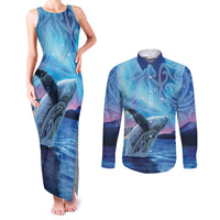 New Zealand Matariki Humpback Whale Couples Matching Tank Maxi Dress and Long Sleeve Button Shirt Paikea Maori New Year Blue Galaxy
