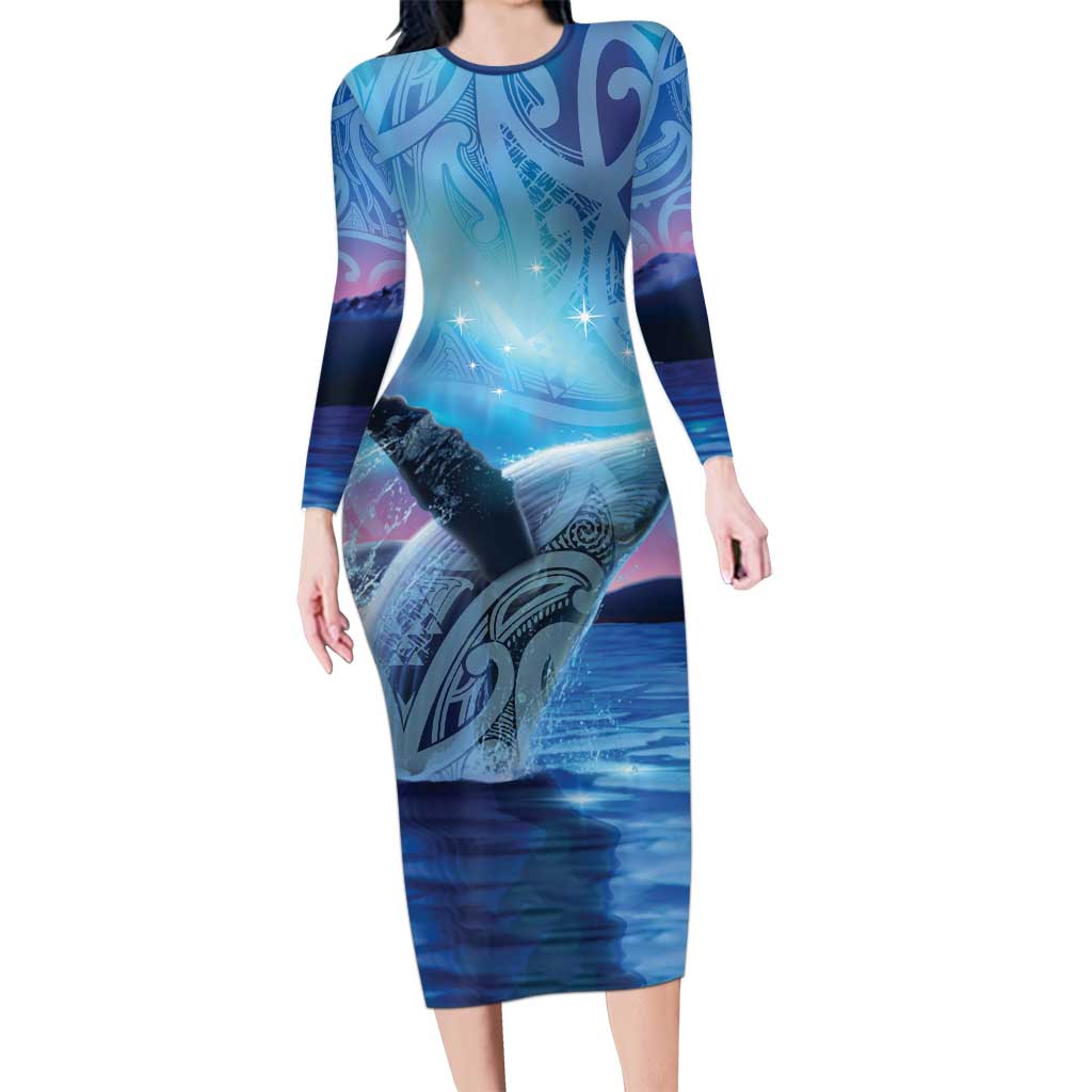 New Zealand Matariki Humpback Whale Family Matching Long Sleeve Bodycon Dress and Hawaiian Shirt Paikea Maori New Year Blue Galaxy
