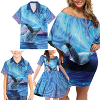 New Zealand Matariki Humpback Whale Family Matching Off Shoulder Short Dress and Hawaiian Shirt Paikea Maori New Year Blue Galaxy