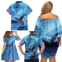 New Zealand Matariki Humpback Whale Family Matching Off Shoulder Short Dress and Hawaiian Shirt Paikea Maori New Year Blue Galaxy