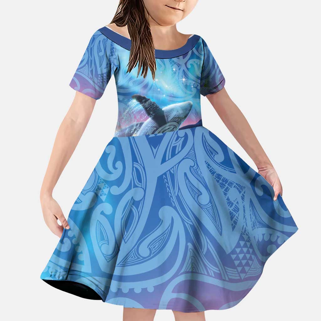 New Zealand Matariki Humpback Whale Family Matching Puletasi and Hawaiian Shirt Paikea Maori New Year Blue Galaxy LT14 Daughter's Dress Blue - Polynesian Pride