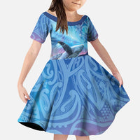 New Zealand Matariki Humpback Whale Family Matching Puletasi and Hawaiian Shirt Paikea Maori New Year Blue Galaxy LT14 Daughter's Dress Blue - Polynesian Pride