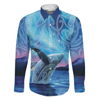New Zealand Matariki Humpback Whale Family Matching Puletasi and Hawaiian Shirt Paikea Maori New Year Blue Galaxy LT14 Dad's Shirt - Long Sleeve Blue - Polynesian Pride