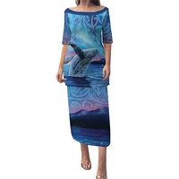 New Zealand Matariki Humpback Whale Family Matching Puletasi and Hawaiian Shirt Paikea Maori New Year Blue Galaxy LT14 Mom's Dress Blue - Polynesian Pride