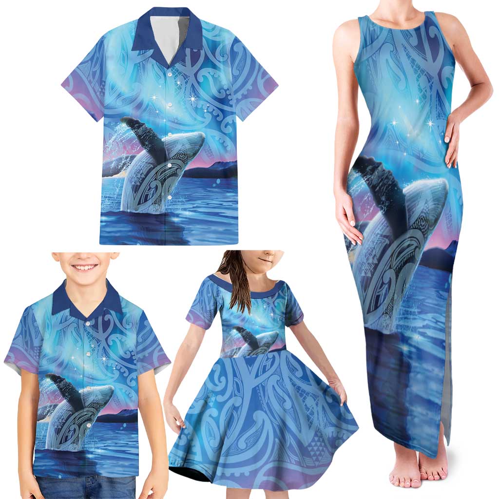 New Zealand Matariki Humpback Whale Family Matching Tank Maxi Dress and Hawaiian Shirt Paikea Maori New Year Blue Galaxy