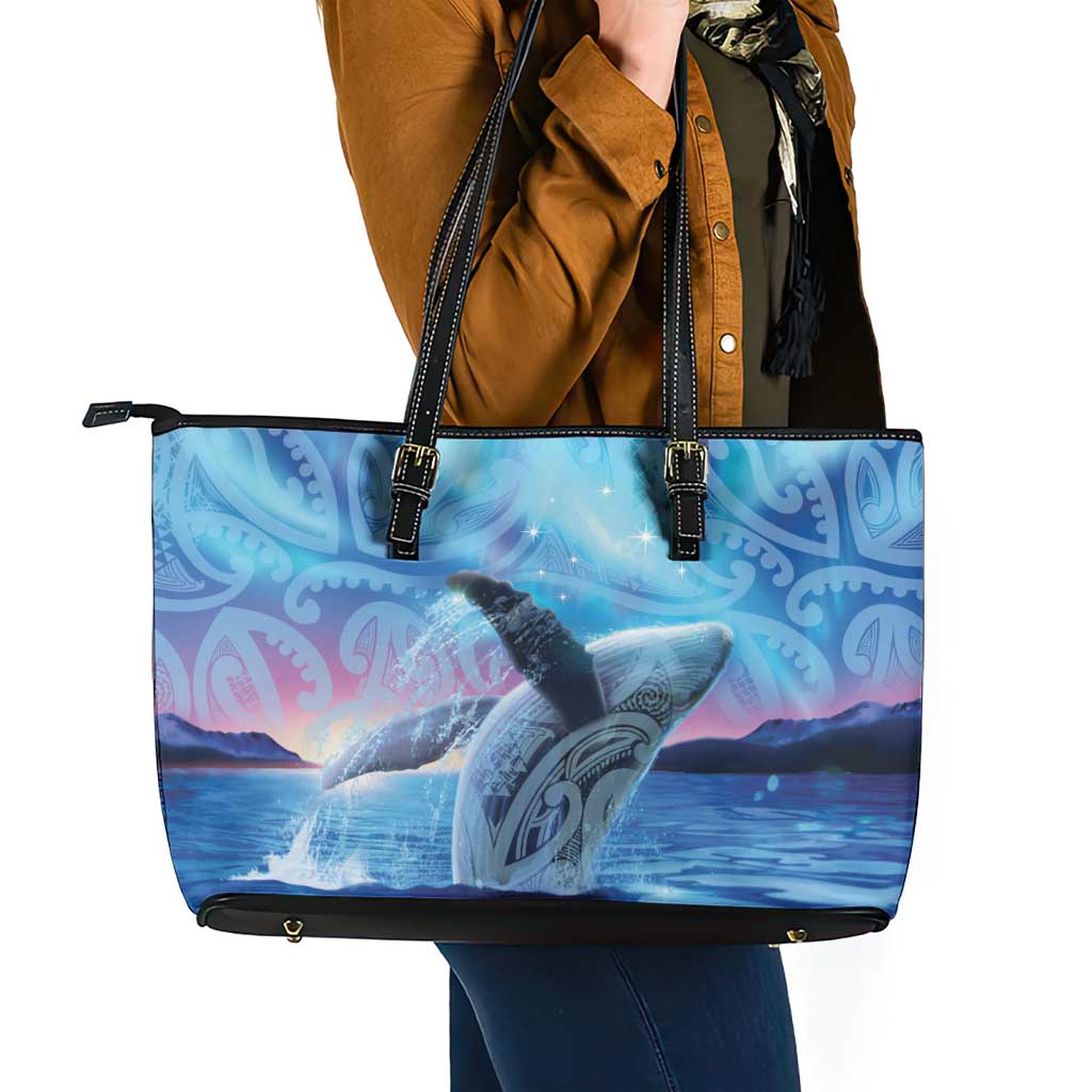 New Zealand Matariki Humpback Whale Leather Tote Bag Paikea Maori New Year Blue Galaxy