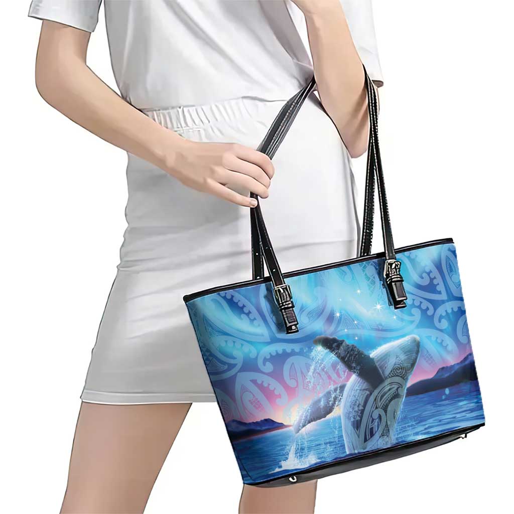 New Zealand Matariki Humpback Whale Leather Tote Bag Paikea Maori New Year Blue Galaxy