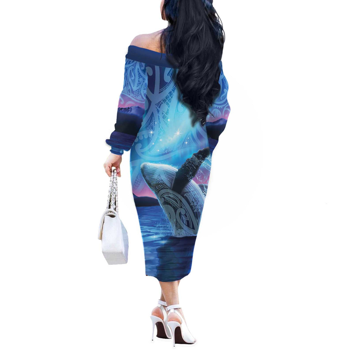 New Zealand Matariki Humpback Whale Off The Shoulder Long Sleeve Dress Paikea Maori New Year Blue Galaxy