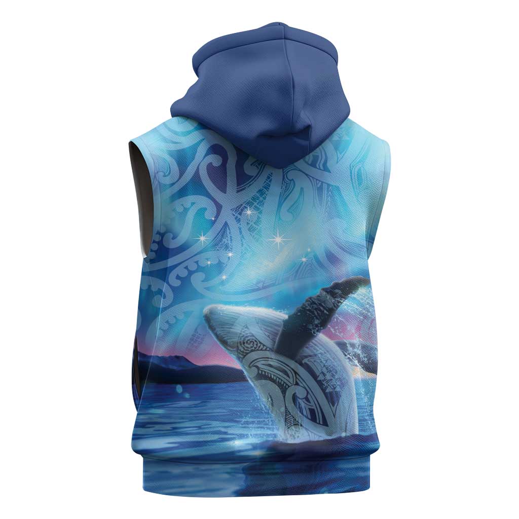 New Zealand Matariki Humpback Whale Sleeveless Zip Hoodie Paikea Maori New Year Blue Galaxy