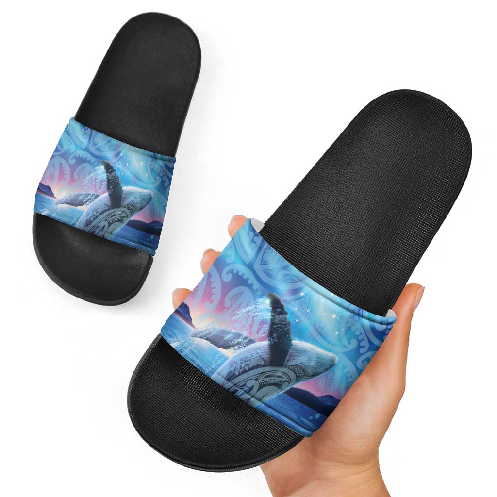 New Zealand Matariki Humpback Whale Slide Sandals Paikea Maori New Year Blue Galaxy