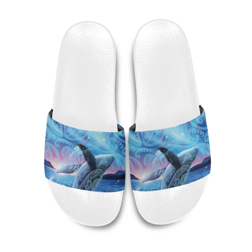 New Zealand Matariki Humpback Whale Slide Sandals Paikea Maori New Year Blue Galaxy