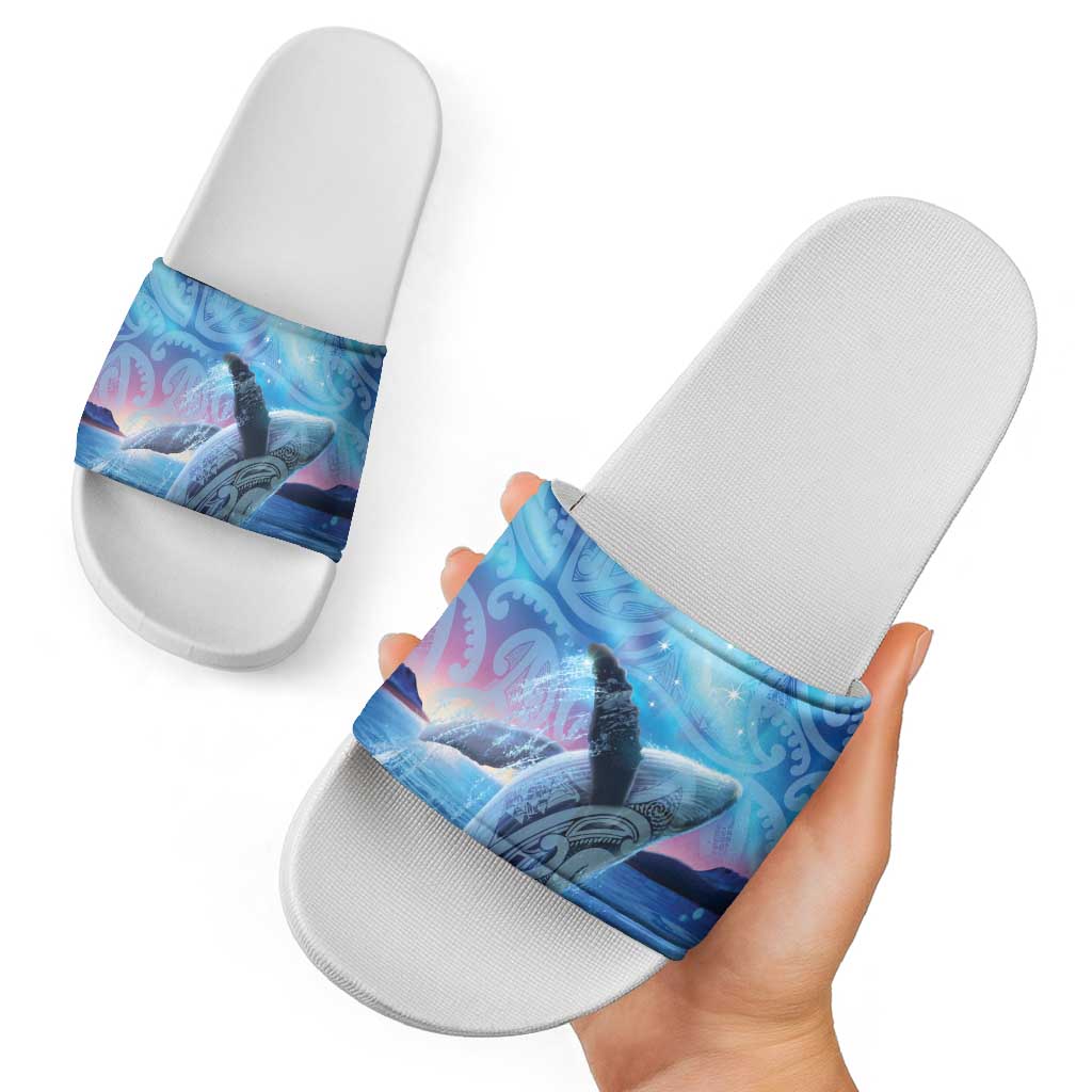 New Zealand Matariki Humpback Whale Slide Sandals Paikea Maori New Year Blue Galaxy