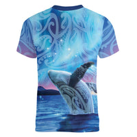 New Zealand Matariki Humpback Whale Women V-Neck T-Shirt Paikea Maori New Year Blue Galaxy