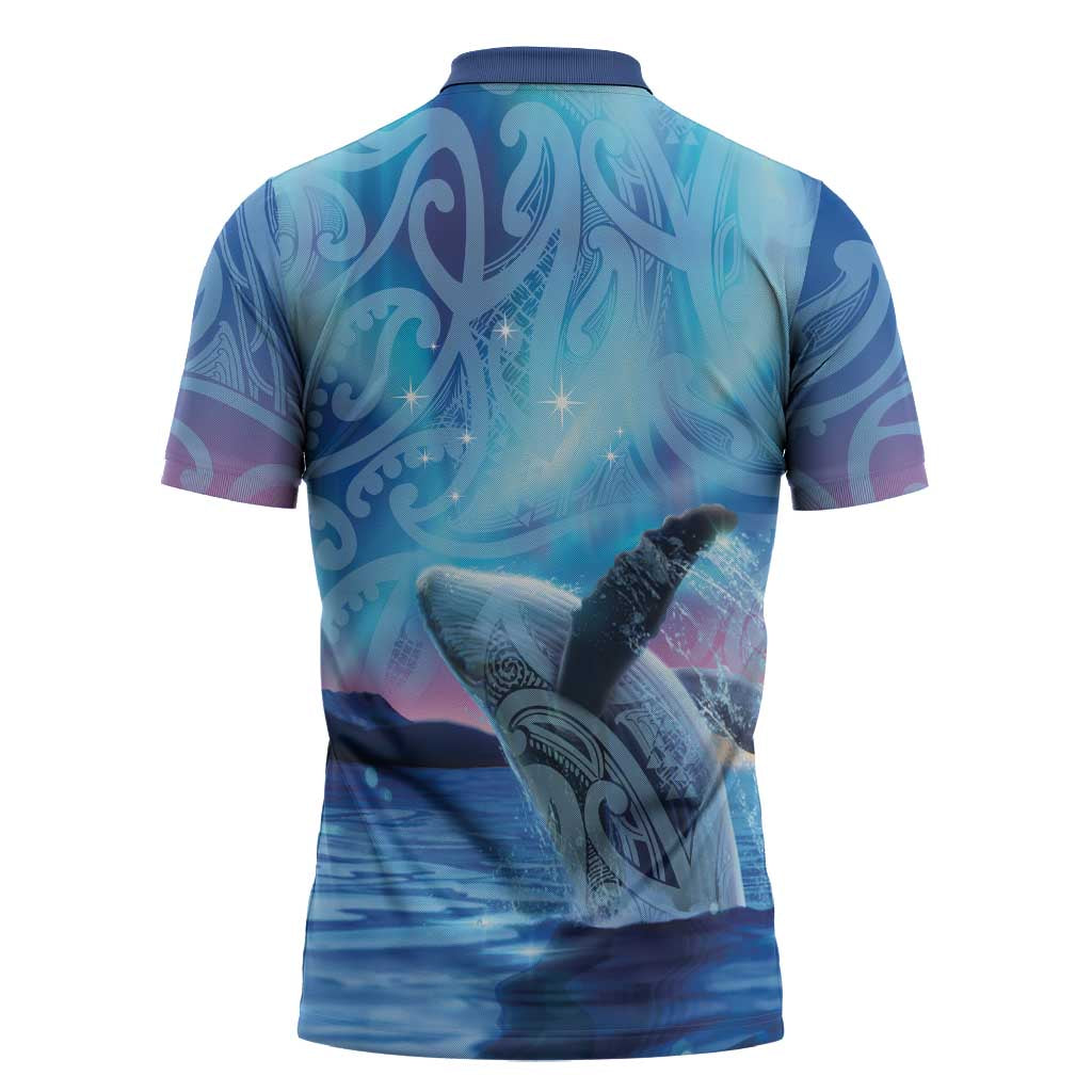 New Zealand Matariki Humpback Whale Zipper Polo Shirt Paikea Maori New Year Blue Galaxy