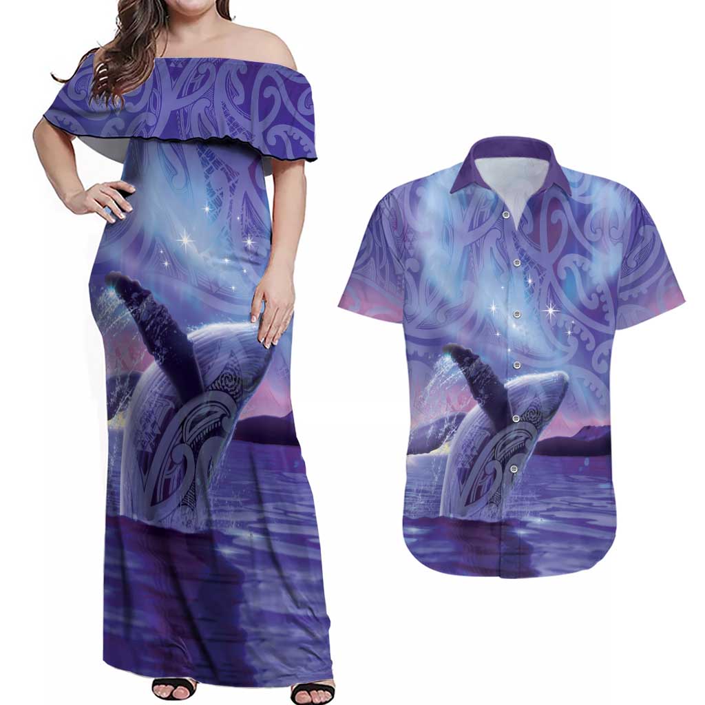 New Zealand Matariki Humpback Whale Couples Matching Off Shoulder Maxi Dress and Hawaiian Shirt Paikea Maori New Year Purple Galaxy