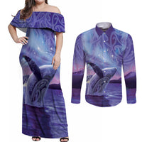 New Zealand Matariki Humpback Whale Couples Matching Off Shoulder Maxi Dress and Long Sleeve Button Shirt Paikea Maori New Year Purple Galaxy