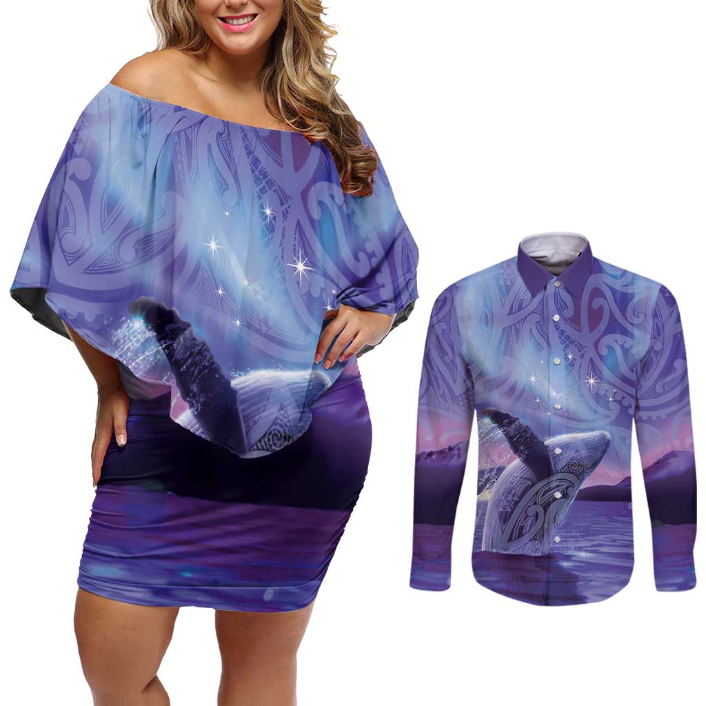 New Zealand Matariki Humpback Whale Couples Matching Off Shoulder Short Dress and Long Sleeve Button Shirt Paikea Maori New Year Purple Galaxy
