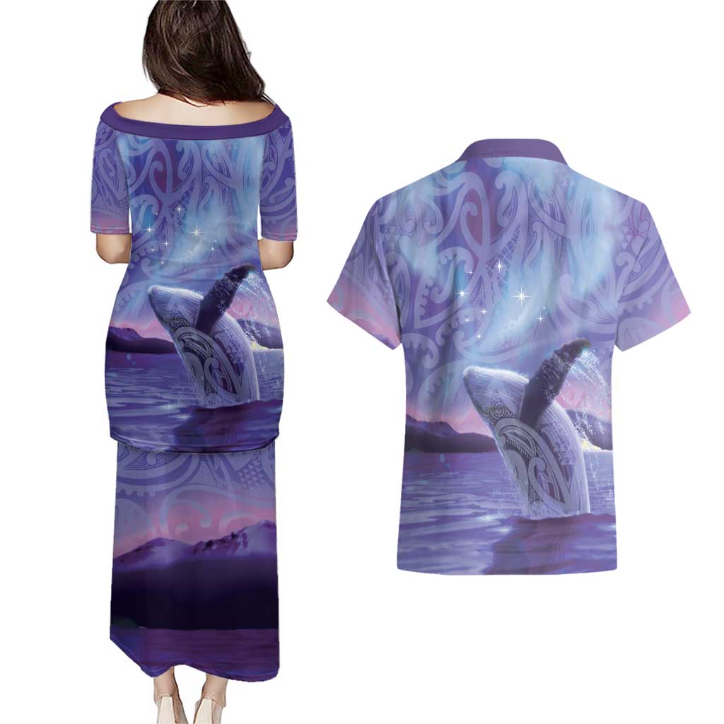 New Zealand Matariki Humpback Whale Couples Matching Puletasi and Hawaiian Shirt Paikea Maori New Year Purple Galaxy