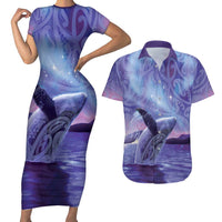 New Zealand Matariki Humpback Whale Couples Matching Short Sleeve Bodycon Dress and Hawaiian Shirt Paikea Maori New Year Purple Galaxy