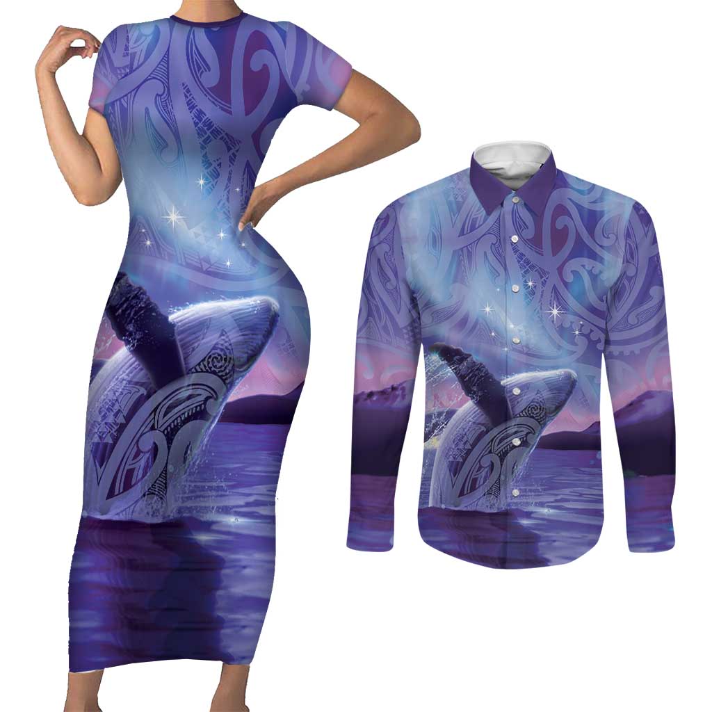 New Zealand Matariki Humpback Whale Couples Matching Short Sleeve Bodycon Dress and Long Sleeve Button Shirt Paikea Maori New Year Purple Galaxy