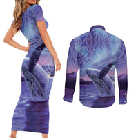 New Zealand Matariki Humpback Whale Couples Matching Short Sleeve Bodycon Dress and Long Sleeve Button Shirt Paikea Maori New Year Purple Galaxy