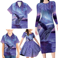 New Zealand Matariki Humpback Whale Family Matching Long Sleeve Bodycon Dress and Hawaiian Shirt Paikea Maori New Year Purple Galaxy