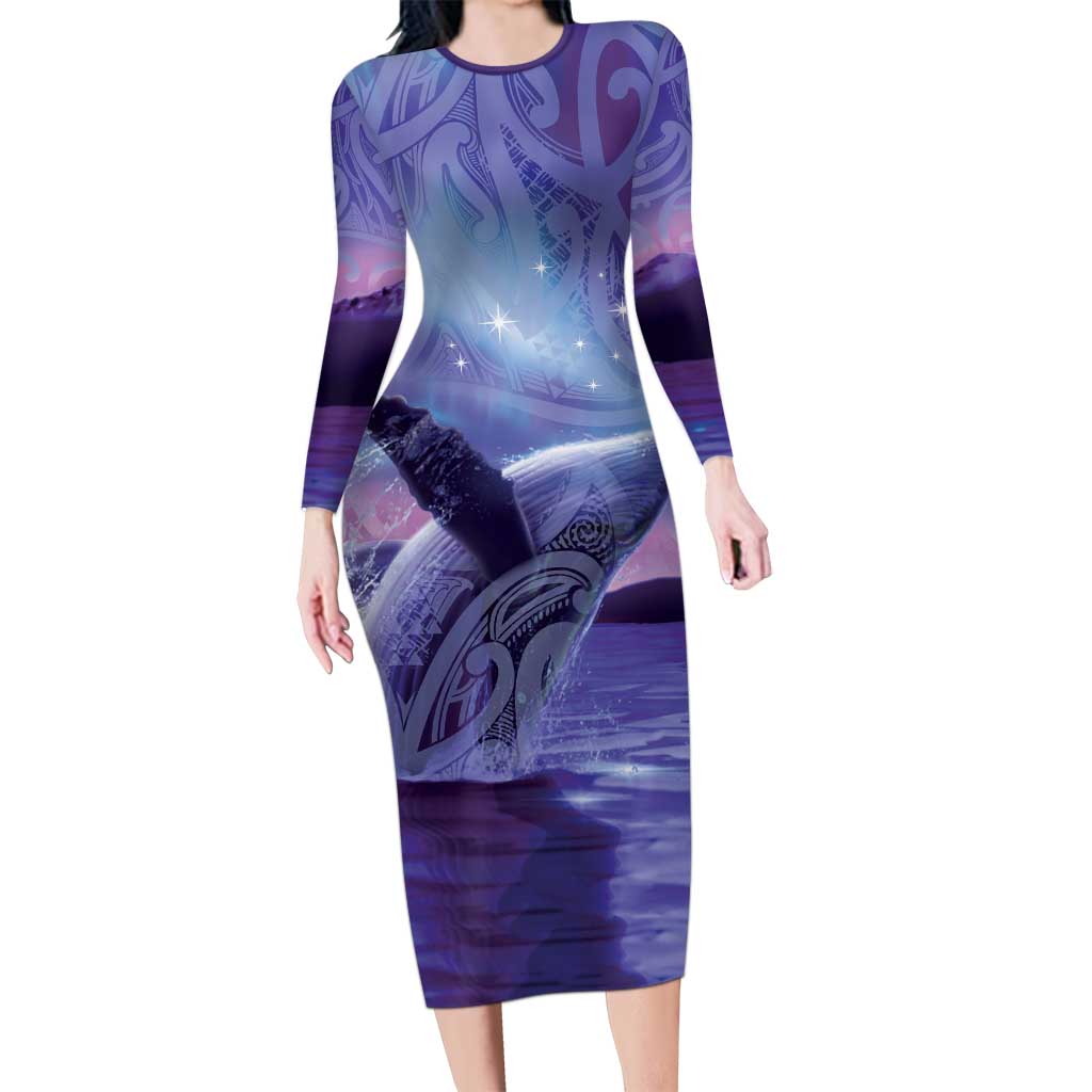 New Zealand Matariki Humpback Whale Family Matching Long Sleeve Bodycon Dress and Hawaiian Shirt Paikea Maori New Year Purple Galaxy