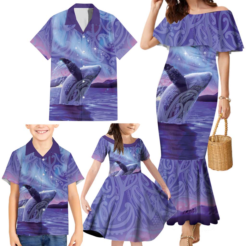New Zealand Matariki Humpback Whale Family Matching Mermaid Dress and Hawaiian Shirt Paikea Maori New Year Purple Galaxy LT14 - Polynesian Pride