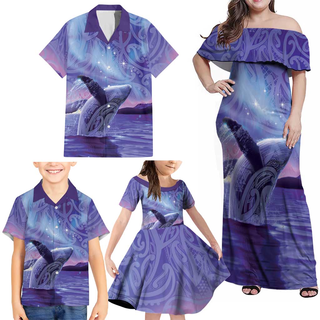 New Zealand Matariki Humpback Whale Family Matching Off Shoulder Maxi Dress and Hawaiian Shirt Paikea Maori New Year Purple Galaxy LT14 - Polynesian Pride