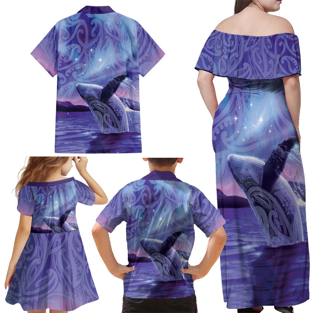 New Zealand Matariki Humpback Whale Family Matching Off Shoulder Maxi Dress and Hawaiian Shirt Paikea Maori New Year Purple Galaxy LT14 - Polynesian Pride
