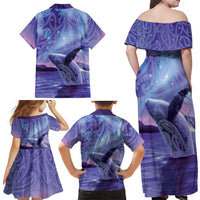 New Zealand Matariki Humpback Whale Family Matching Off Shoulder Maxi Dress and Hawaiian Shirt Paikea Maori New Year Purple Galaxy LT14 - Polynesian Pride