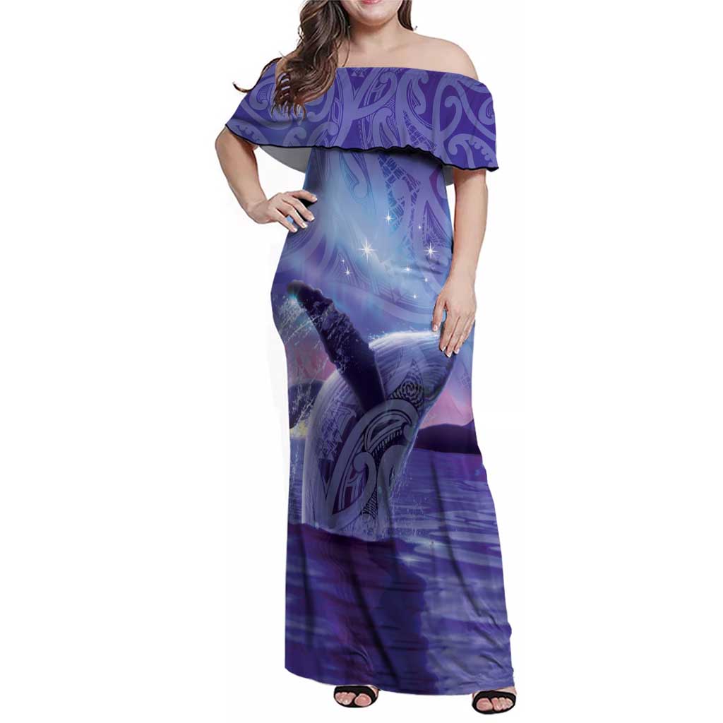 New Zealand Matariki Humpback Whale Family Matching Off Shoulder Maxi Dress and Hawaiian Shirt Paikea Maori New Year Purple Galaxy LT14 Mom's Dress Purple - Polynesian Pride