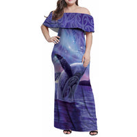 New Zealand Matariki Humpback Whale Family Matching Off Shoulder Maxi Dress and Hawaiian Shirt Paikea Maori New Year Purple Galaxy LT14 Mom's Dress Purple - Polynesian Pride