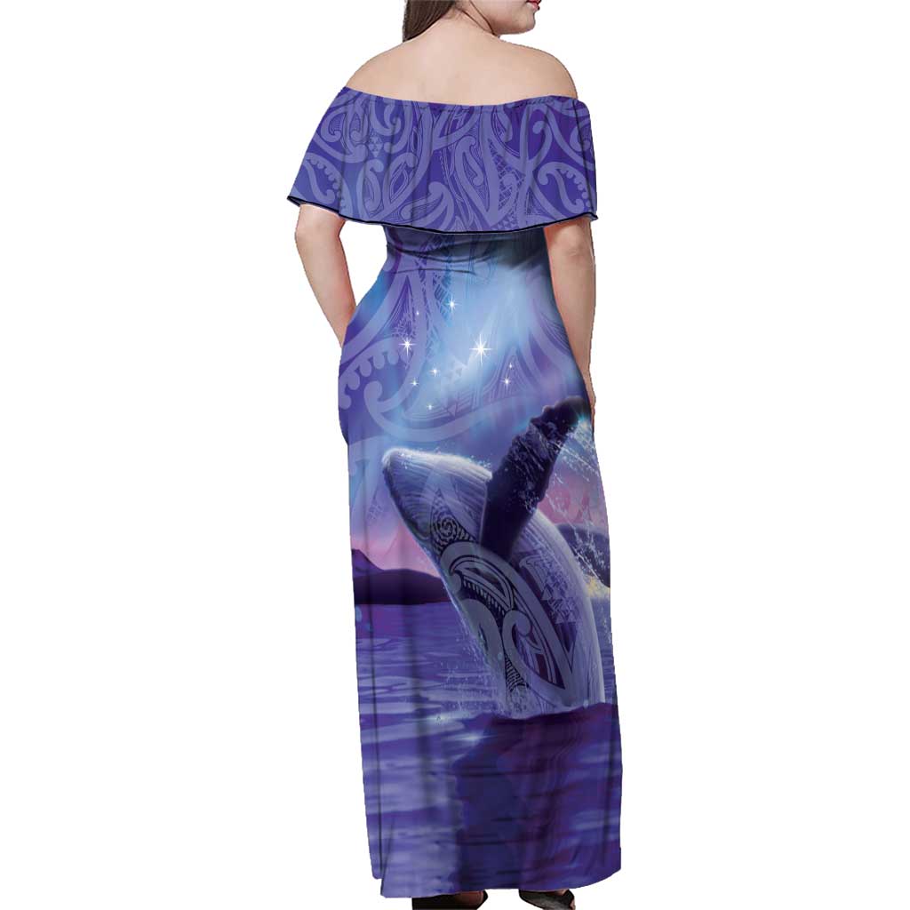 New Zealand Matariki Humpback Whale Family Matching Off Shoulder Maxi Dress and Hawaiian Shirt Paikea Maori New Year Purple Galaxy LT14 - Polynesian Pride
