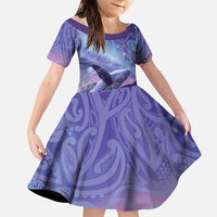 New Zealand Matariki Humpback Whale Family Matching Off Shoulder Short Dress and Hawaiian Shirt Paikea Maori New Year Purple Galaxy LT14 Daughter's Dress Purple - Polynesian Pride