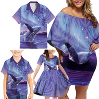 New Zealand Matariki Humpback Whale Family Matching Off Shoulder Short Dress and Hawaiian Shirt Paikea Maori New Year Purple Galaxy LT14 - Polynesian Pride