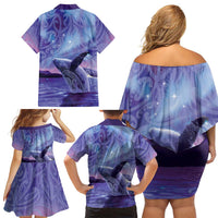 New Zealand Matariki Humpback Whale Family Matching Off Shoulder Short Dress and Hawaiian Shirt Paikea Maori New Year Purple Galaxy LT14 - Polynesian Pride