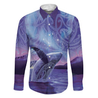 New Zealand Matariki Humpback Whale Family Matching Off Shoulder Short Dress and Hawaiian Shirt Paikea Maori New Year Purple Galaxy LT14 Dad's Shirt - Long Sleeve Purple - Polynesian Pride