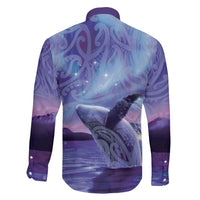 New Zealand Matariki Humpback Whale Family Matching Off Shoulder Short Dress and Hawaiian Shirt Paikea Maori New Year Purple Galaxy LT14 - Polynesian Pride