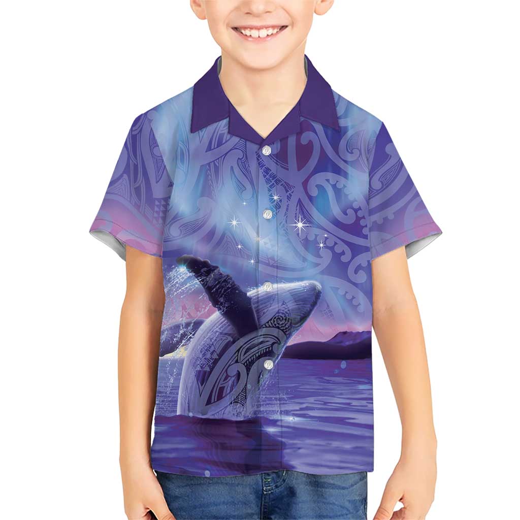 New Zealand Matariki Humpback Whale Family Matching Off Shoulder Short Dress and Hawaiian Shirt Paikea Maori New Year Purple Galaxy LT14 Son's Shirt Purple - Polynesian Pride