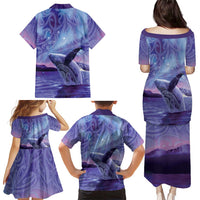 New Zealand Matariki Humpback Whale Family Matching Puletasi and Hawaiian Shirt Paikea Maori New Year Purple Galaxy