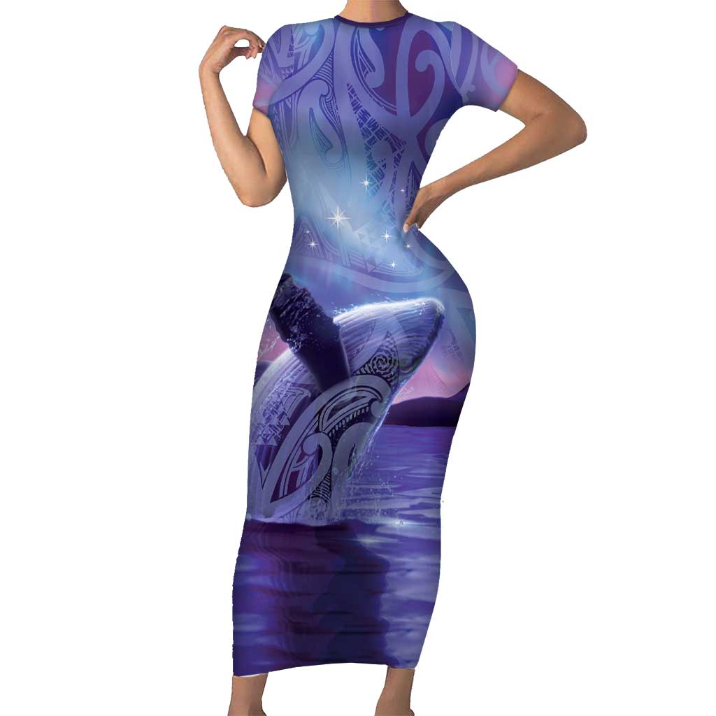 New Zealand Matariki Humpback Whale Family Matching Short Sleeve Bodycon Dress and Hawaiian Shirt Paikea Maori New Year Purple Galaxy