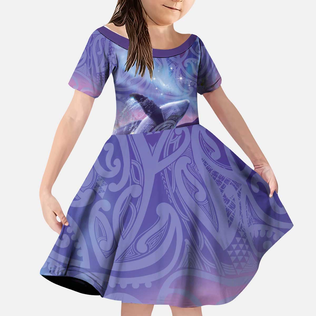 New Zealand Matariki Humpback Whale Kid Short Sleeve Dress Paikea Maori New Year Purple Galaxy